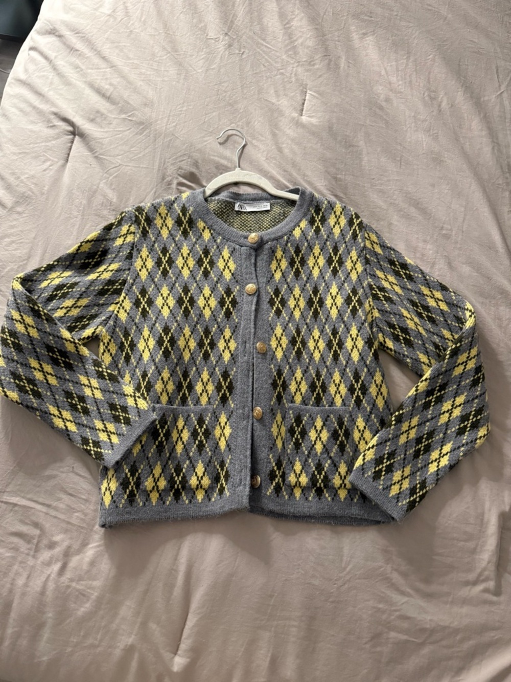 Zara Gray & Yellow Argyle Womens Cardigan
